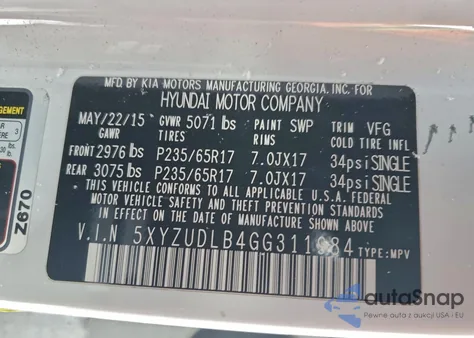 2016 Hyundai Santa Fe Sport z USA, uszkodzony, nr VIN 5XYZUDLB4GG311984